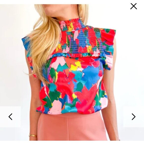 THML Bright Colorful Smocked Neck Ruffle Sleeveless  Blouse Abstract Print Sz M - Picture 1 of 9